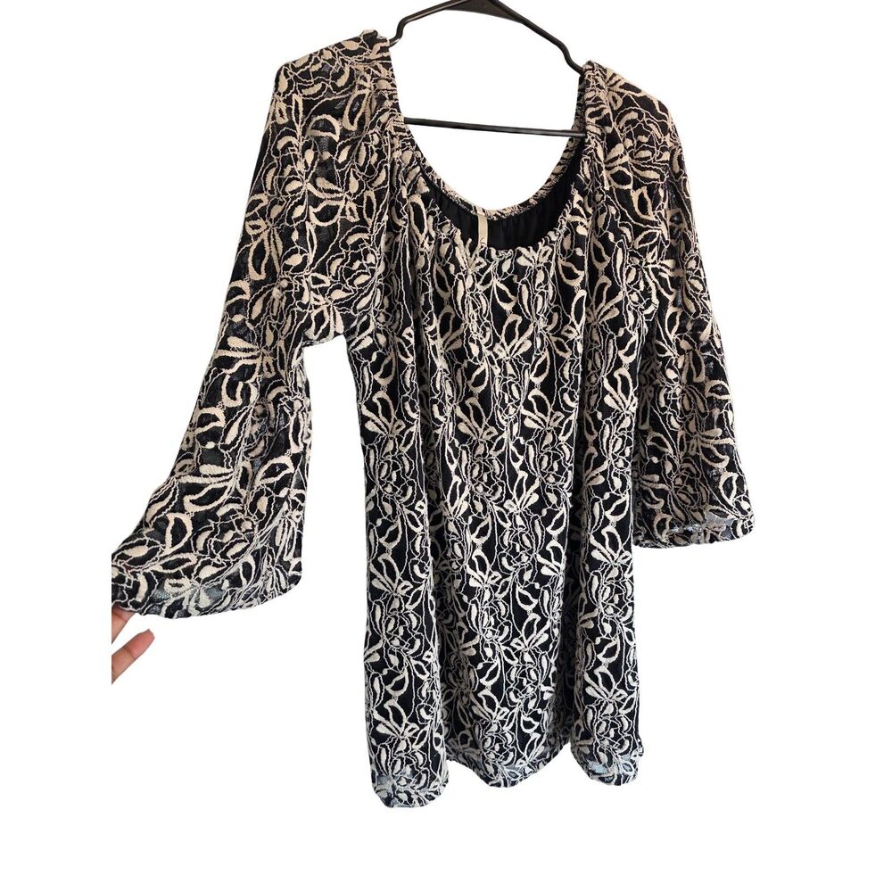 Soel Floral Lace Bell Sleeve Tunic Top Blouse Mini Dress Black Cream Size XL